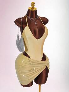 Amplova Conjunto de mono cómodo de color metálico y minifalda con brillo para mujer