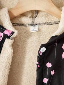 SHEIN Vintaside Kids 女童连帽加厚复古碎花中长保暖外套，秋冬、假日、夏季、旅行皆宜，女童碎花外套，女童抓绒外套，女童保暖内衬外套，女童冬季外套 - 黑色 - 查看 7