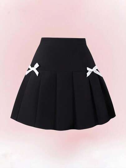 SHEIN Sparklyn Fustă mini pentru fete, neagră, plisată, cu talie înaltă, croială A-line și decor cu fundă albă