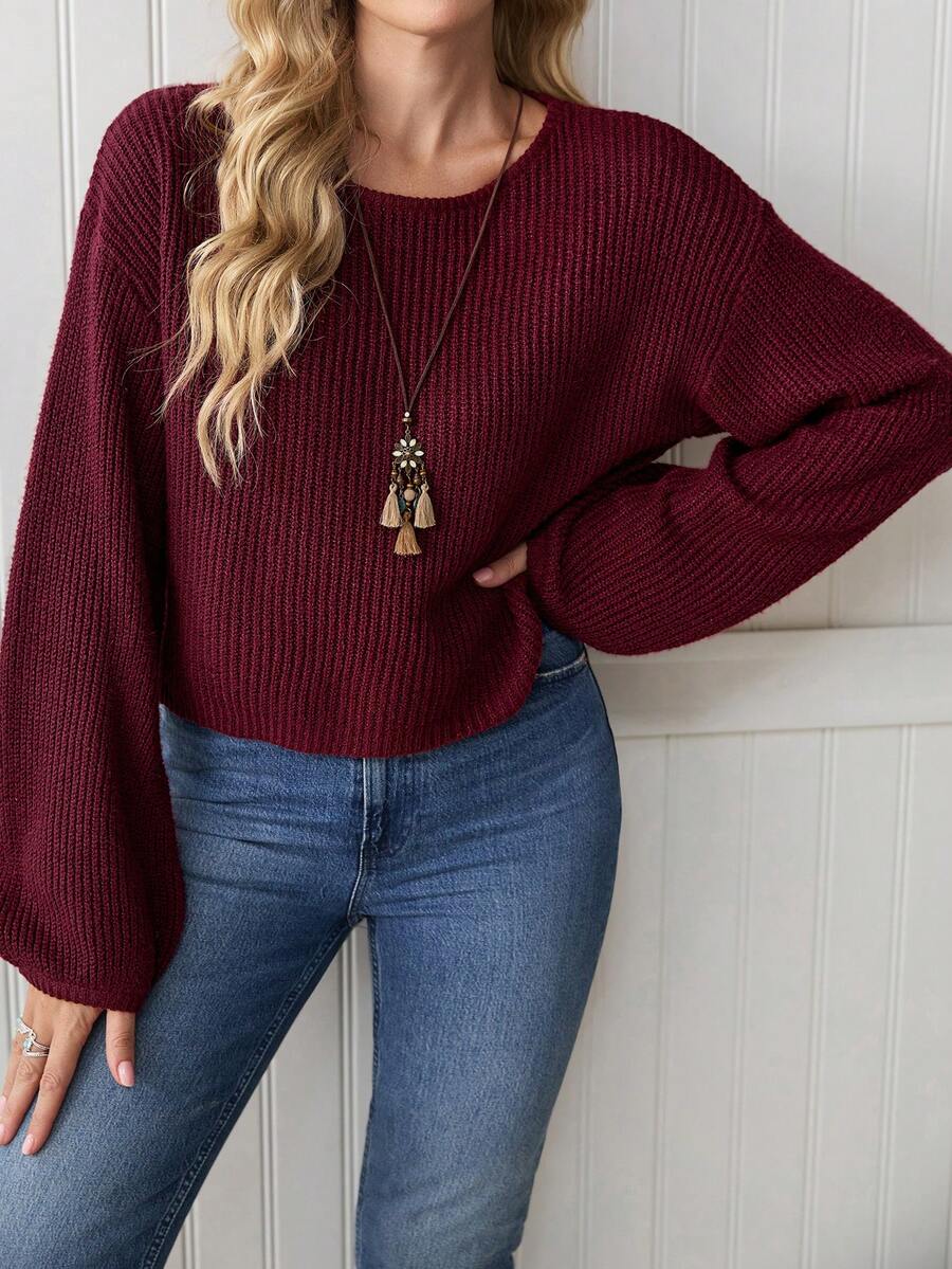 LanaWest Sweater Rajut Longgar Bergaris Kasual Wanita Warna Polos dengan Bahu Jatuh, Warna Abu-abu - Burgundy - View 1