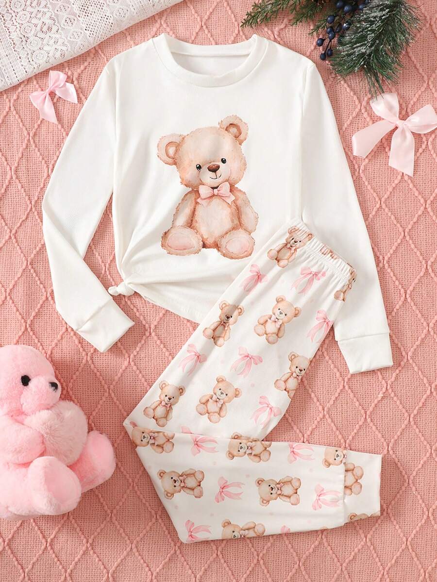 SHEIN Áo thun dài tay cổ tròn in hình gấu hoạt hình và nơ đơn giản tối giản kèm quần bó vừa vặn thoải mái cho bé gái tuổi teen, phù hợp cho mùa thu/đông - Hồng - Xem 1