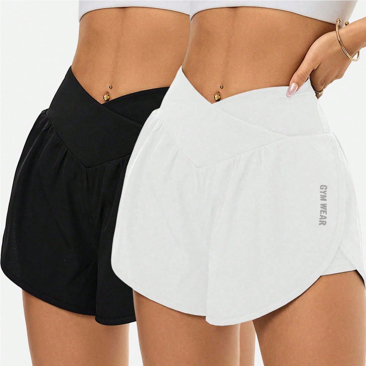 Set de 2 pantalones cortos deportivos de ajuste ceñido con diseño asimétrico de cintura y estampado de letras, de uso versátil y casual