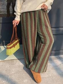 Dazy Plus 大码女式休闲粗条纹拼接松紧腰睡裤、家居服 - 墨綠色 - 查看 4