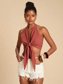 Travachic 度假风纯色编织露背短款女式上衣，系带露背设计，适合夏季海滩、休闲、优雅外出场合，蝴蝶结装饰，锈棕色，露背款式，也适合圣诞节、新年、感恩节等节日穿着，时尚优雅。 - 鏽棕色 - 查看 3