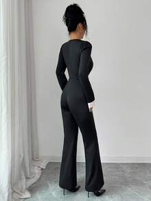 Rafferiza Tuta elegante da donna a maniche lunghe, con vita arricciata, in stile casual europeo e americano, con patchwork color albicocca e fiocco - nero - Visualizzare 2