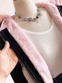 Sweetra Young Áo khoác ngắn oversize có mũ trùm đầu bằng lông cừu màu hồng cho bé gái tuổi teen, cổ lông, thích hợp cho việc đi lại hàng ngày - màu đen - Xem 5
