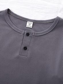 Tween Boy 棕色纯色舒适格子两件套睡衣套装（长裤和长袖） - 深灰色 - 查看 5