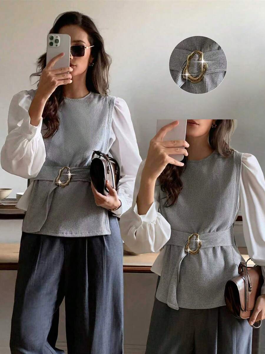 Elyressa Áo thun dài tay cổ tròn thường ngày cho nữ có thiết kế khóa kim loại ở eo - Xám - Xem 1