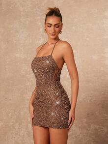 Lumalex Silver Sequin,Summer,70s Retro,Night Out,Party Women's Beaded Spaghetti Strap Bodycon Mini Dress,Bling Rhinestone Brown Rose Gold Formal Prom Banquet - Khaki - View 8