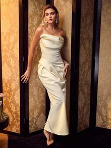 MOTF Soiréza WOMEN'S PLEATED BANDEAU COCKTAIL DRESS - Apricot - View 7