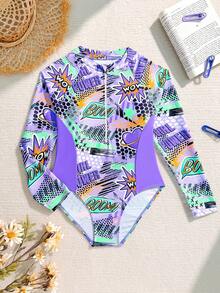 SHEIN 少女度假字母与波尔卡圆点印花长袖拉链半开襟连体泳衣 - 紫色 - 查看 5