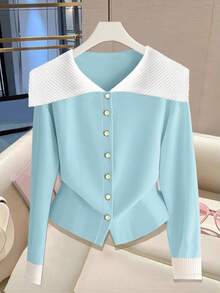 Franclia Women's Color Block Splice Collar Long Sleeve Front Button Fashionable Elegant T-Shirt - Blue and White - View 3