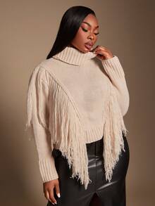 SHEIN SXY Plus Size Women's New Arrival Autumn/Winter Pullover Sweater With Tassel Decor High Neck - Apricot - View 3