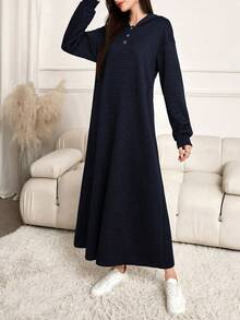 Lacomfia 女士休闲纯色连帽长款运动衫，秋冬 - 藏蓝色 - 查看 5