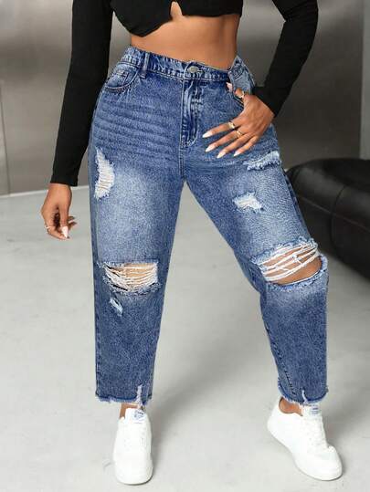 SHEIN SXY 大码牛仔裤 破洞锥形裤 大码黑色牛仔裤 黑色牛仔裤 万圣节裤子 外出裤 女式牛仔裤 秋季裤子 牛仔裤 秋季女装 牛仔裤 女牛仔牛仔裤