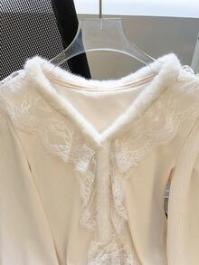 SHEIN Franclia Lace Patchwork V-Neck Knit Sweater For Women, Unique French Style Fluffy Fitted T-Shirt, Autumn/Winter - Beige - View 3