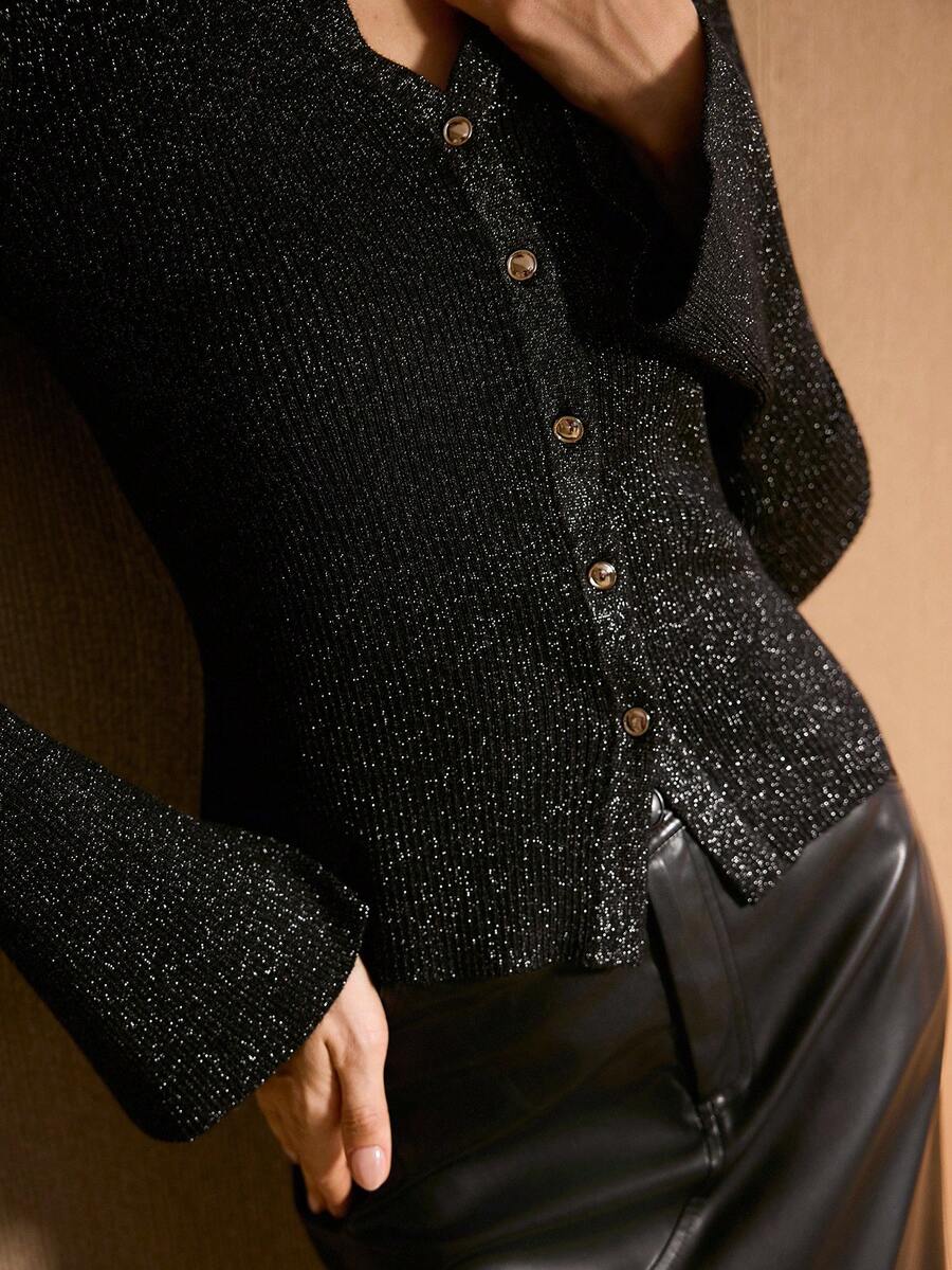 MOTF PREMIUM Áo len cardigan tay loe eo ôm sát dành cho nữ, mùa thu/đông - màu đen - Xem 2