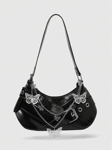 ROMWE Grunge Punk Butterfly Double-Layer Chain Armpit Bag - Black - View 1