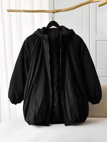 SHEIN CURVE+ Ropa de talla grande/Estilo campus/Ropa de vuelta al colegio/Chaqueta suelta de algodón con capucha y cremallera completa para mujer talla grande de excursionismo al aire libre, chaqueta acolchada, con bolsillos, negra, ropa de mujer de otoño - Negro - Ver 4