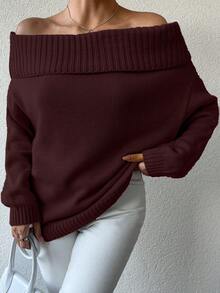 EURMUSE Women's Solid Color Off-Shoulder Loose Casual Long Sleeve Pullover Sweater - Brown - View 1