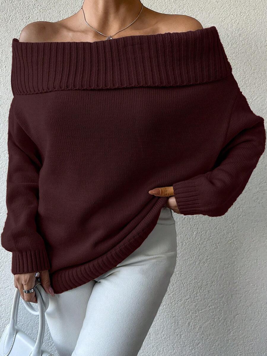 EURMUSE Women's Solid Color Off-Shoulder Loose Casual Long Sleeve Pullover Sweater - Brown - View 1