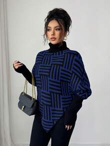 Elenzga Women's Elegant High Neck Geometric Textured Poncho Sweater, Colorblock, Suitable For Home & Travel, Spring/Autumn - Blue - View 4