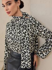 Graceveil Damen Leopard Muster Schleife Manschette Langarm modische Bluse - Schwarz - Übersicht 1