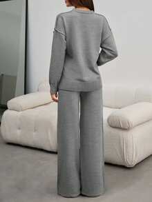 EURMUSE Women Round Neck Rib Knitted Sweater And Sweater Pant 2pcs Sets Co-Ord - Grey - View 2