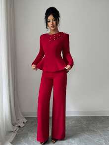 SHEIN Elenzya 2025秋季优雅勃艮第弹力面料时尚修身长袖通勤风荷叶边衬衫+阔腿裤套装，适合冬季正式场合、家庭聚会、情人节、圣诞节、万圣节、新年、女士职业装 - 紅色 - 查看 7