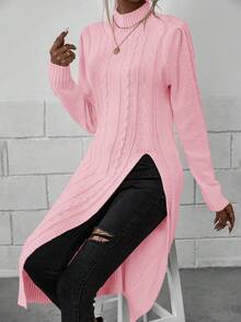 EMERY ROSE Casual Solid Color Stand Collar High Slit Sweater, Autumn/Winter - Baby Pink - View 7