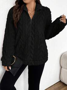 SHEIN Frenchy 大码女式纹理拉链半开襟休闲抓绒卫衣，秋冬款 - 黑色 - 查看 4