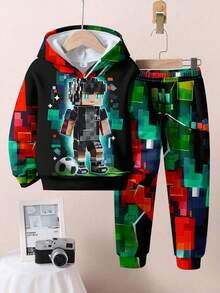 SHEIN 2pcs/Set Cartoon Football, Pixelated People, Players, Athletes, Football Stars, Handsome, Cool Young Boys Casual Loose Fit Pullover Hoodie Sweatshirt - Multicolor - View 3