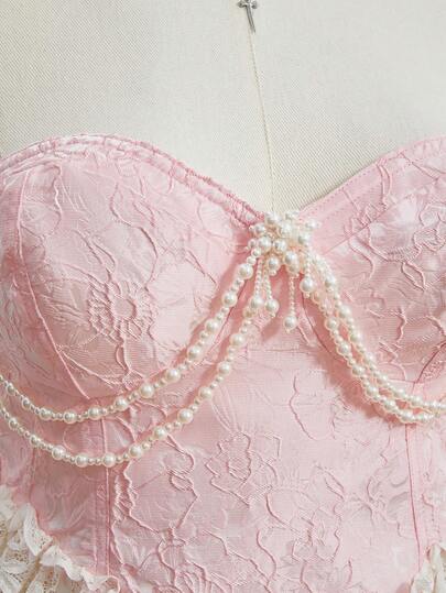 Kawaii Blusa de estilo victoriano vintage decorada con encaje y satén con perlas, talla grande, color rosa