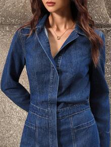 Selenza 女士时尚休闲松紧腰洗水长款牛仔连体裤 - 深色水洗藍 - 查看 7