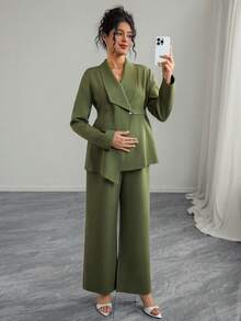 Momance 女士优雅领口 V 领长袖独特腰带夹克和直筒阔腿裤孕妇装两件套 - 綠色 - 查看 7