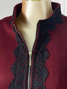 SHEIN Clasi Áo khoác ngoài dài tay cổ đứng phối ren dáng chữ A khoét lỗ thêu họa tiết tương phản cỡ lớn, thanh lịch khi đi chơi, tụ tập, đi làm - Màu Đỏ Sâu - Xem 7