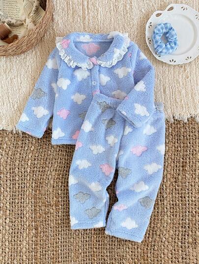 SHEIN 2pcs Baby Girls' Casual Colorful Cloud Pattern Fleece Long Sleeve Top And Pants Loungewear Set, Blue & White