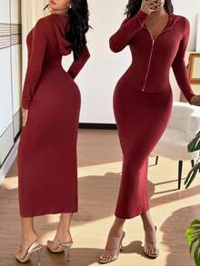 Chiquease 2 Stücke Damen Lässig Everyday Passende Gerippte Strick Strickjacke und Rock Set, Slim Fit, Herbst/Winter - Rot - Übersicht 2