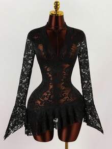 Amplova 夏季嬉皮风格女士透明低胸迷你连衣裙 - 黑色 - 查看 4