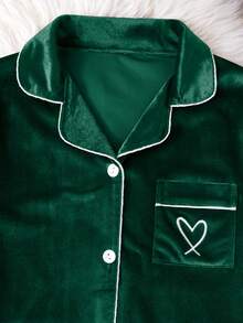 SHEIN 2件套女童韩版羊毛心形刺绣开衫和裤子睡衣套装 - 綠色 - 查看 6