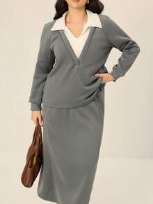 Juhart Bộ đồ 2 món dành cho nữ cỡ lớn, chất liệu dệt kim, kiểu dáng thể thao thường ngày, tay dài, phối màu, gồm áo sweatshirt và chân váy, thích hợp cho mùa thu/đông. - Màu xám đen - Xem 6