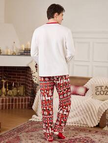 Manfinity CoupledUp Weihnachten Fröhliche Schrift Muster Langarm Top & Rentier, Schneeflocke, Weihnachtsbaum Muster Hose Herren Pyjama Set Herbst Winter Kleidung Passendes Paar Pyjama Set Weihnachts Pyjamas Paar Herren Pjs Set