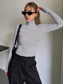 DAZY 女式条纹高领长袖T恤上衣 - 黑與白 - 查看 2