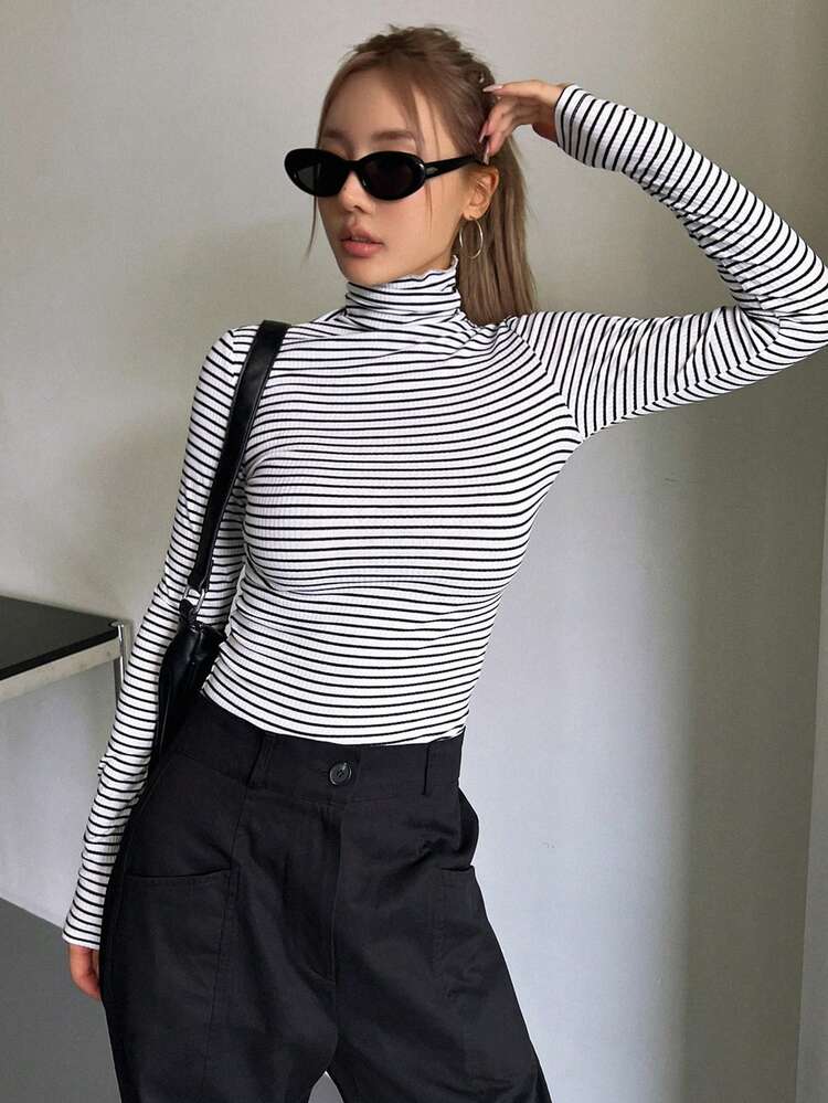 Striped High Neck Tee Long Sleeve Women Tops