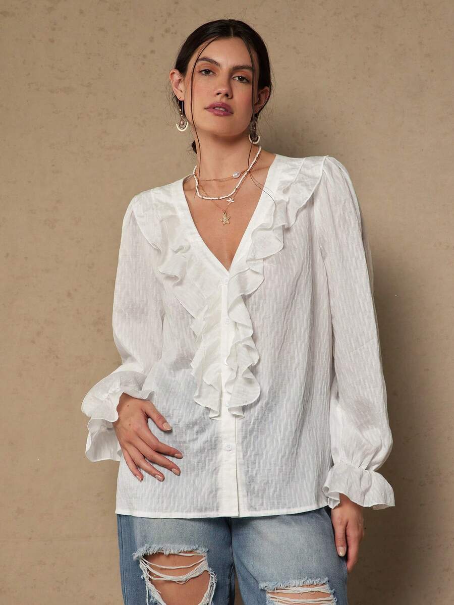 Freevana 大码优雅通勤和度假荷叶边衬衫 - 白色 - 查看 1