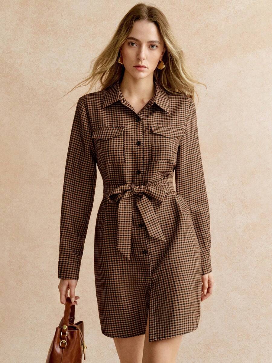 Écloséra 女式长袖复古中长连衣裙，有领和收腰设计，秋季 - 彩色 - 查看 1