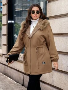SHEIN Clasi Parka à capuche doublée de fourrure de lapin, style décontracté, grande taille