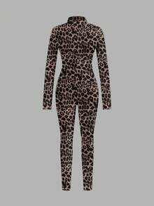 Slaydiva Casual Long Sleeve Front Zipper Jumpsuit, Leopard Print, Sexy & Wild, Suitable For Autumn/Winter - Multicolor - View 2