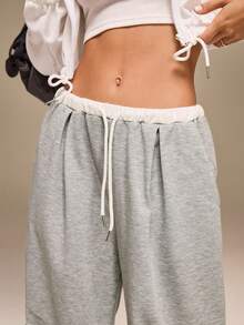 Hanevo Autumn/Winter Back To School Casual College Style Contrast Color Cinched Waist Pockets Wide Leg Pants - Grey - View 4