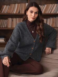 Isle Nomé Women's Casual Everyday Commute Comfortable Simple Solid Color Drop Shoulder Loose Button Front Cardigan, Autumn/Winter - Grey - View 3